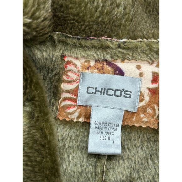 Chico's Green Paisley Faux Shearling Hippie Warm Button Up Coat Jacket Sz 0/XS - Picture 4 of 8